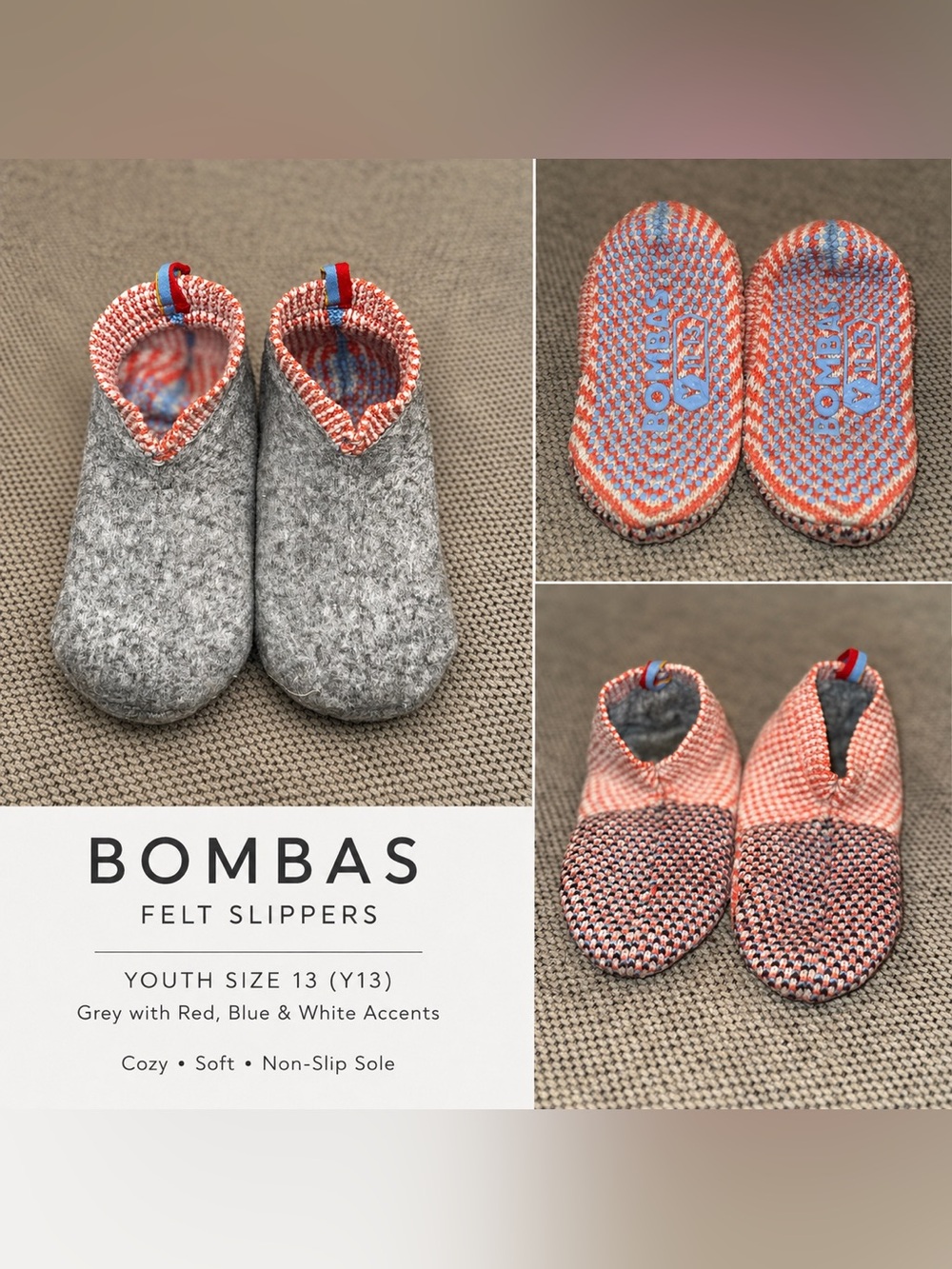 Bombas Gray Youth Felt Slippers with Orange & Blue Trim